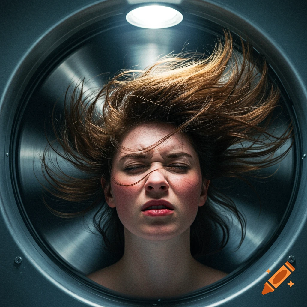 Close-up of a woman's face with hair blowing wildly inside a circular metal vent, eyes squeezed shut.