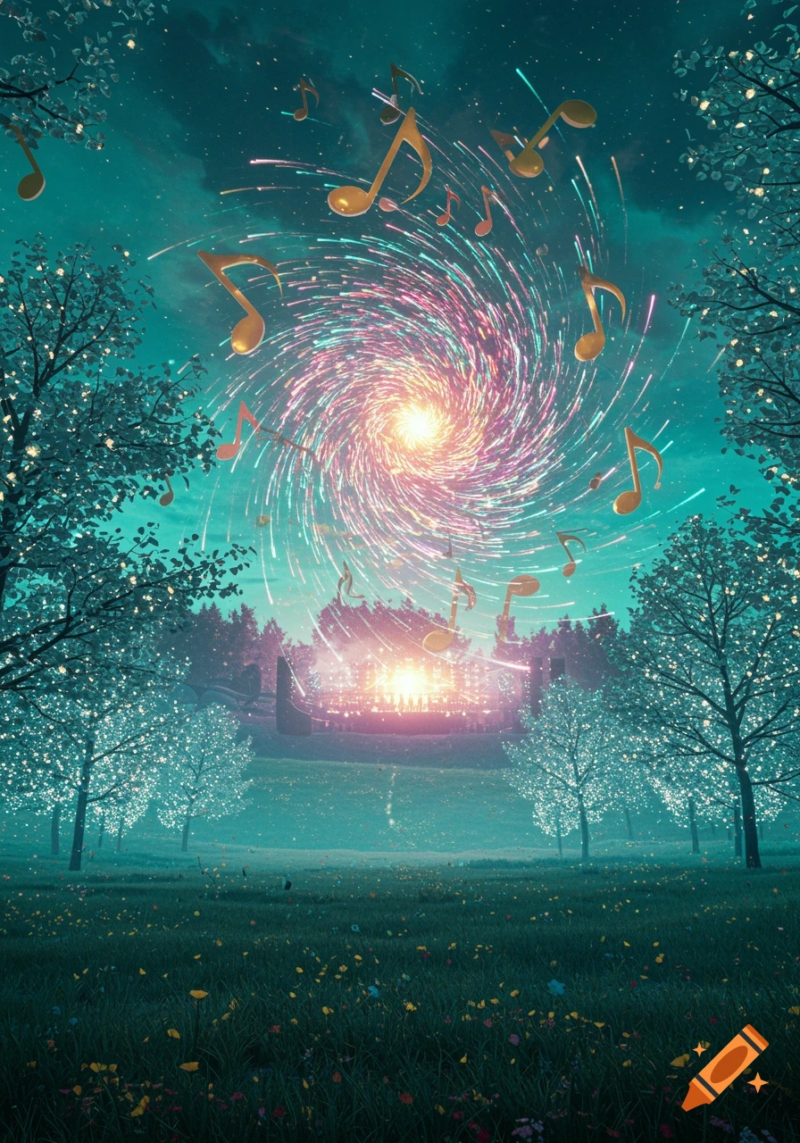 Golden musical notes swirl above a vibrant light vortex and concert stage in a sparkling, moonlit field.