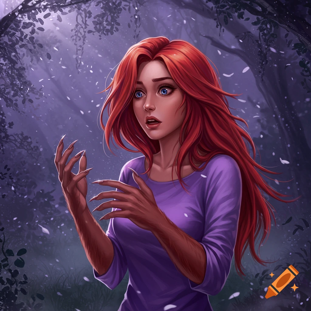 A red-haired woman with glowing blue eyes looks surprised as her hands transform into furry, clawed werewolf hands in a dark, mystical forest.