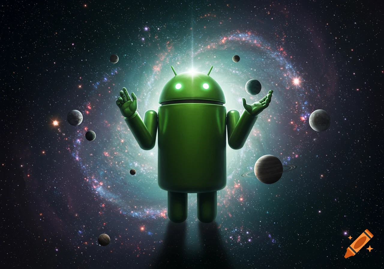 A green Android robot stands in deep space, surrounded by planets and a vibrant spiral galaxy, appearing like a cosmic deity.