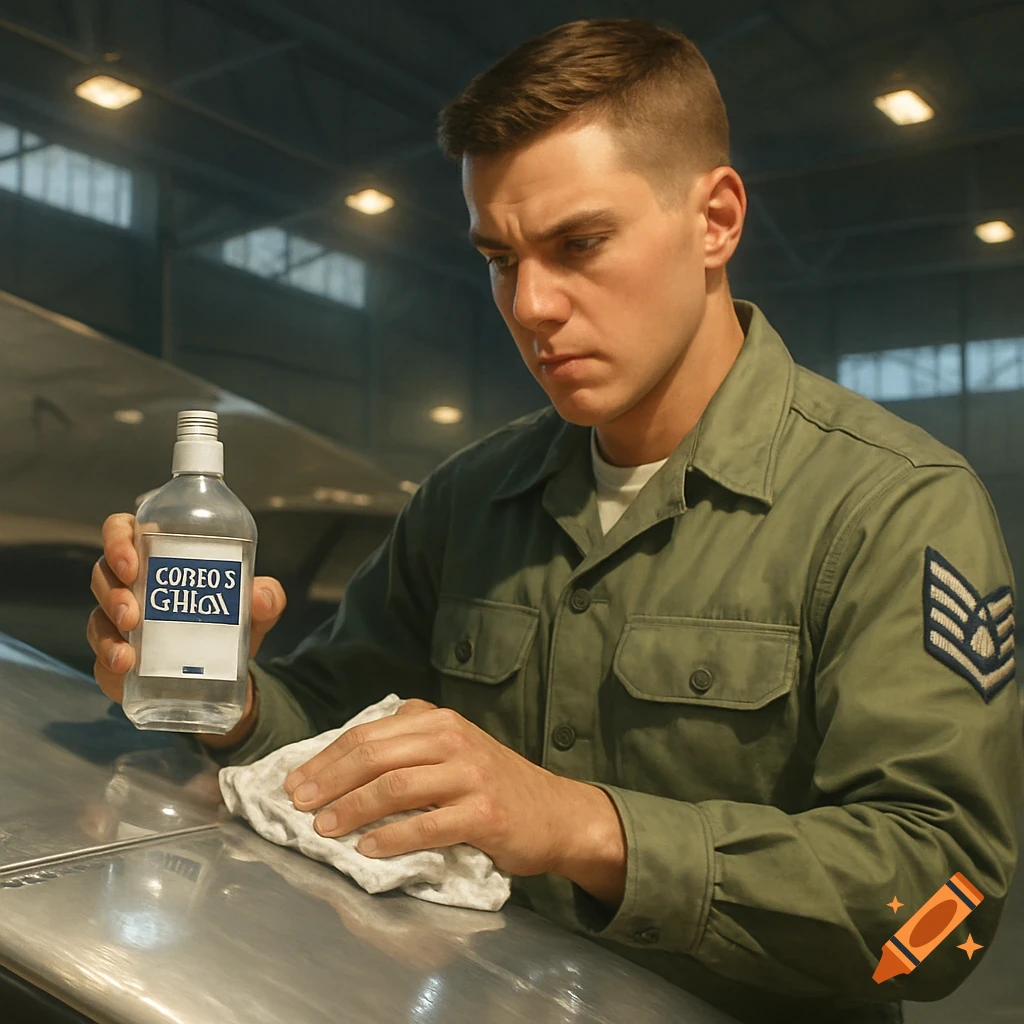 A man in an airman's uniform polishes the wing of an airplane in a hangar, holding a clear bottle with a label.