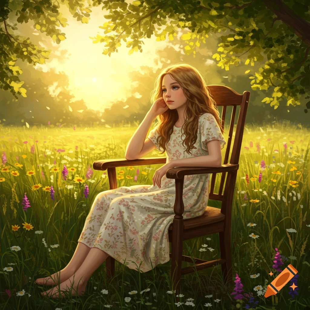 A girl with long hair sits in a wooden chair in a sunlit field of wildflowers under a tree. Illustrated style.