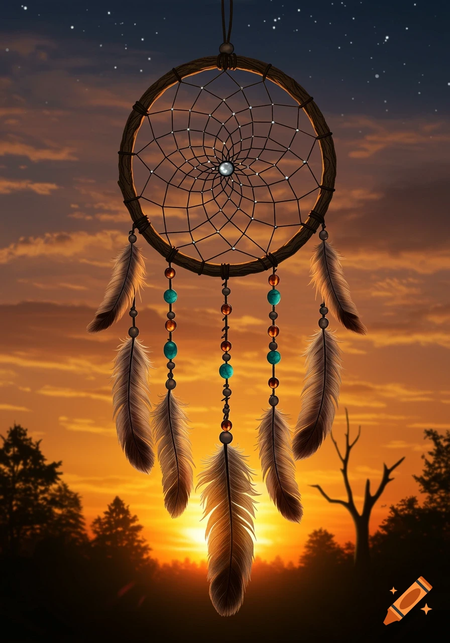 A detailed illustration of a dreamcatcher with feathers and beads, silhouetted against a vibrant orange and purple sunset sky with stars and trees.