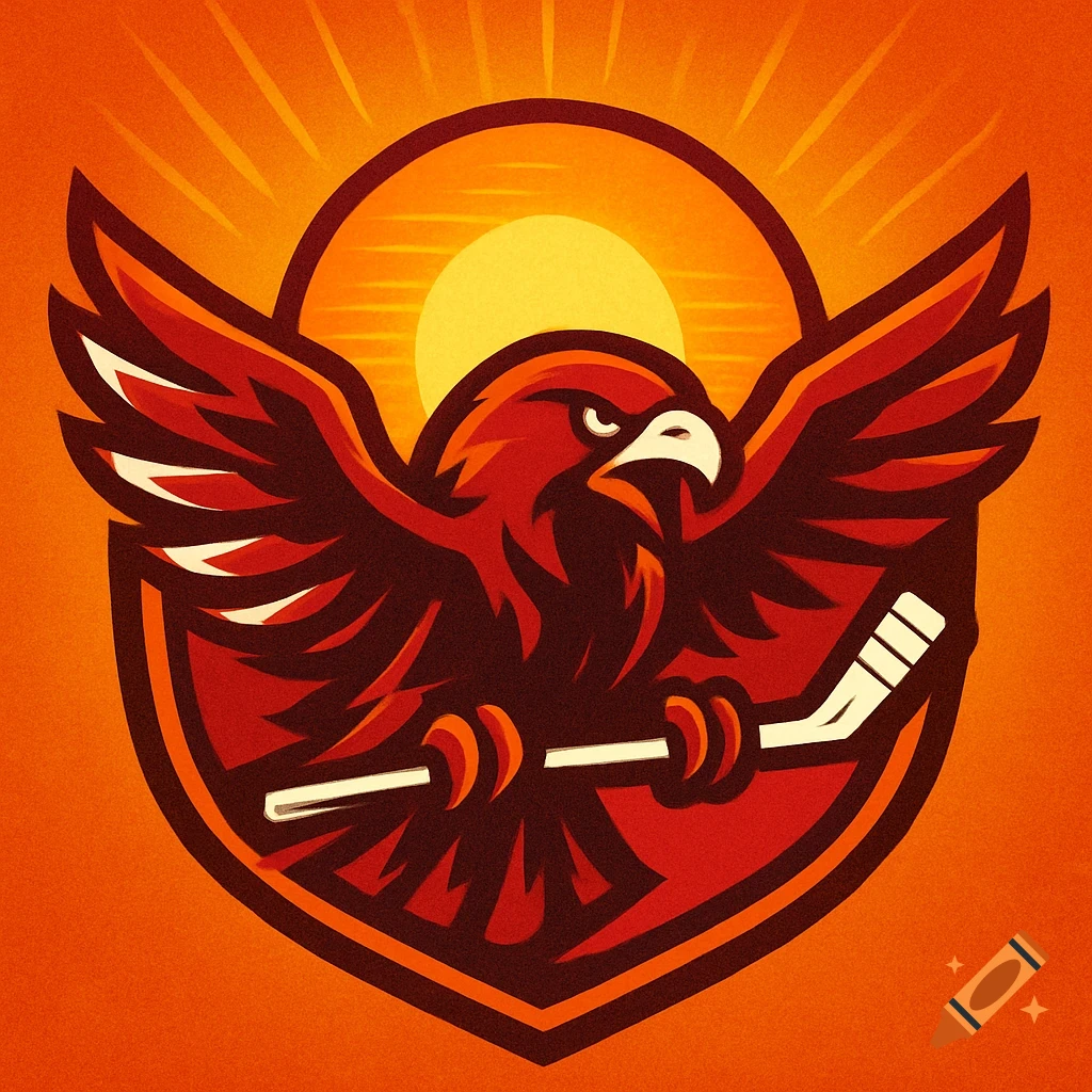 A stylized red and brown eagle logo with spread wings holding a hockey stick, set against a bright sun in a shield shape.