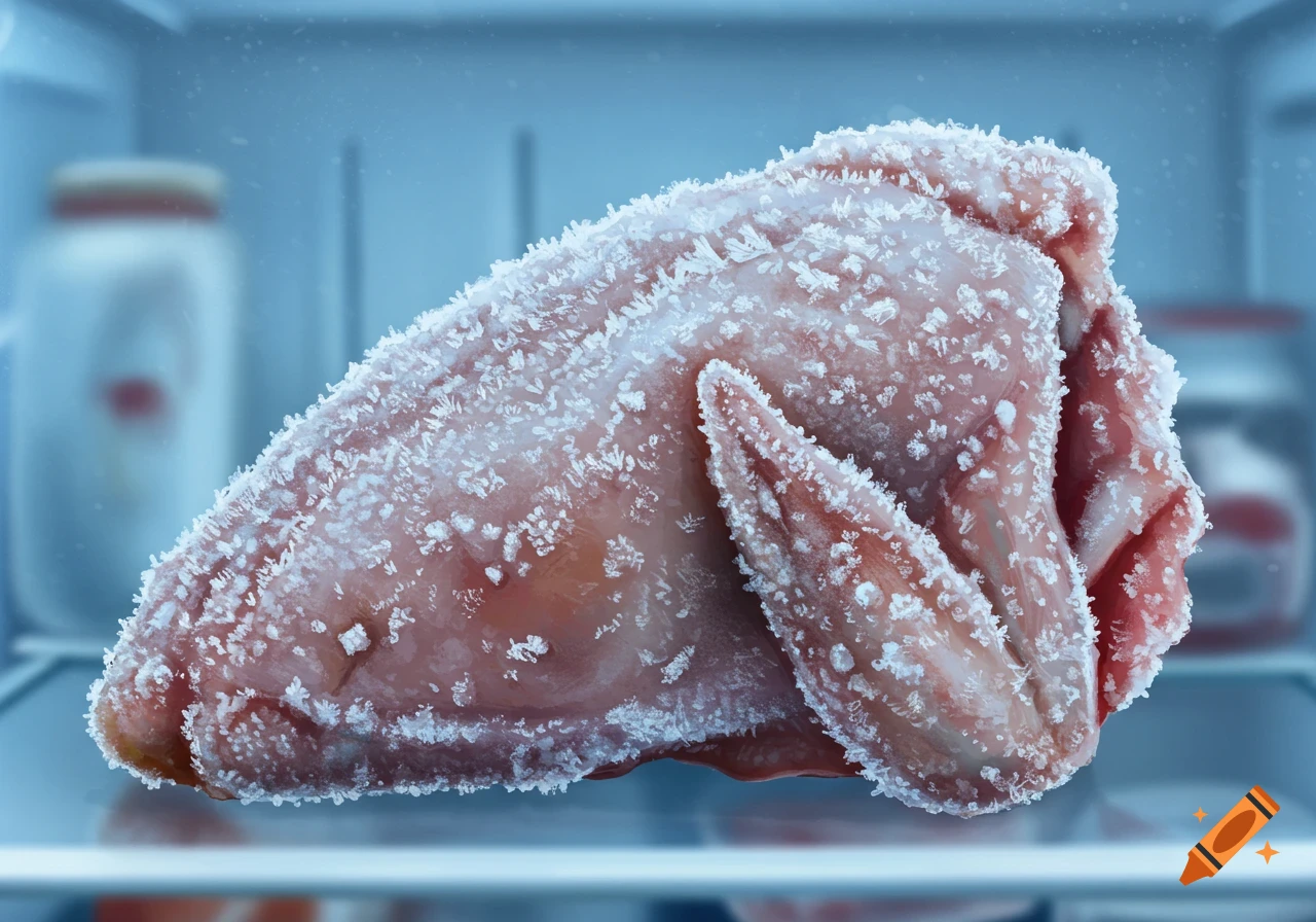 Close-up of a frost-covered frozen chicken in a freezer.