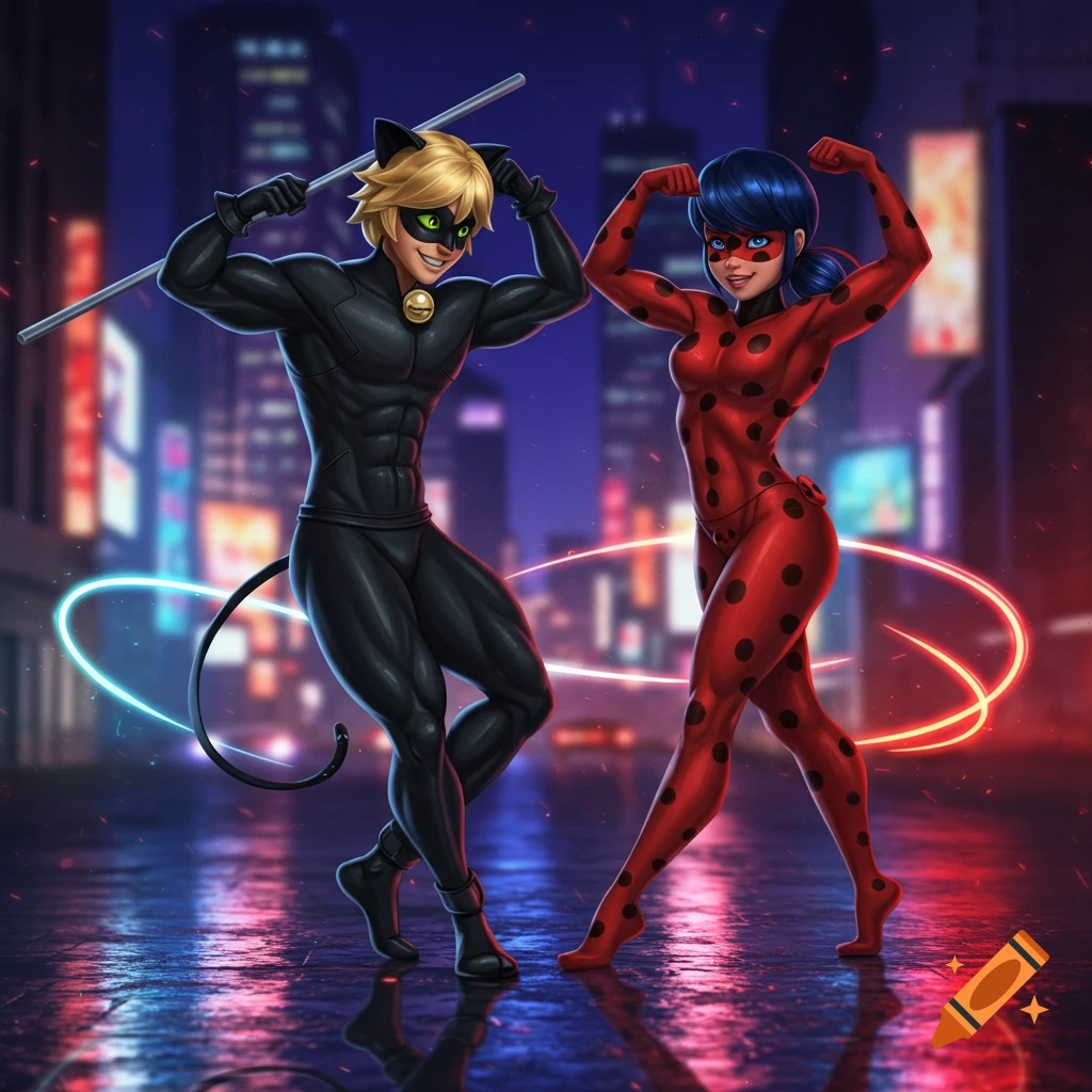 Bodybuilder Chat Noir and Ladybug flexing against a neon city skyline at night.