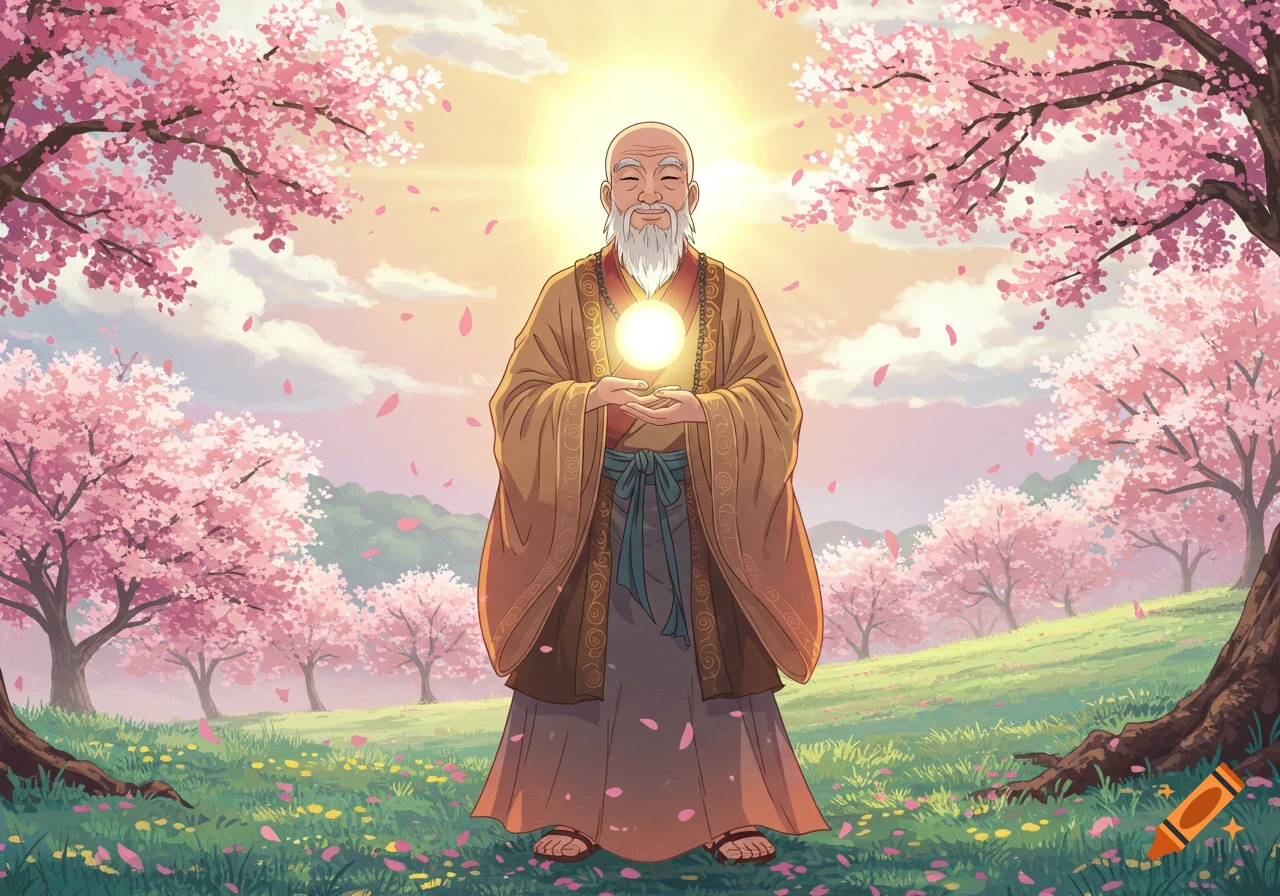 An old man with a long white beard, dressed in robes, holds a glowing orb in a field of pink cherry blossom trees, in a Japanese anime style.