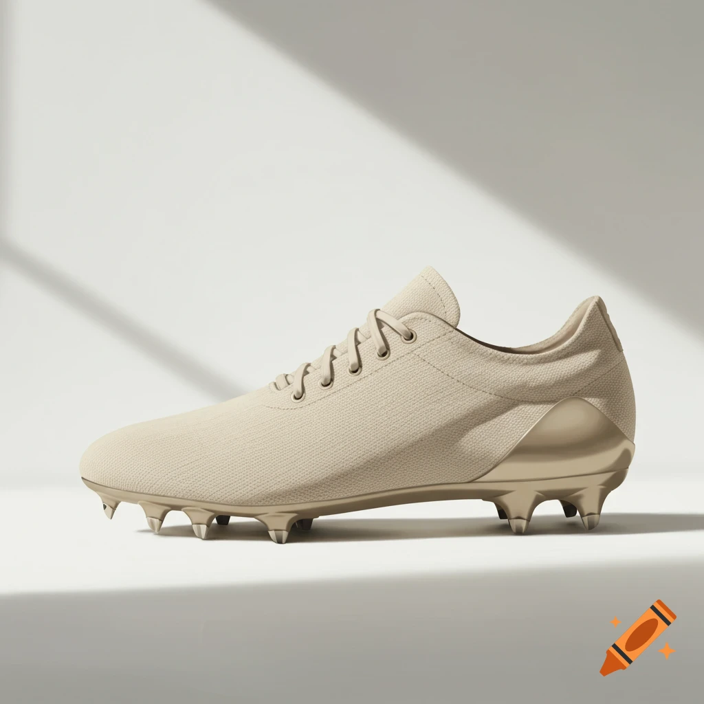 A beige cloth shoe with metal cleats on a white surface with shadows.