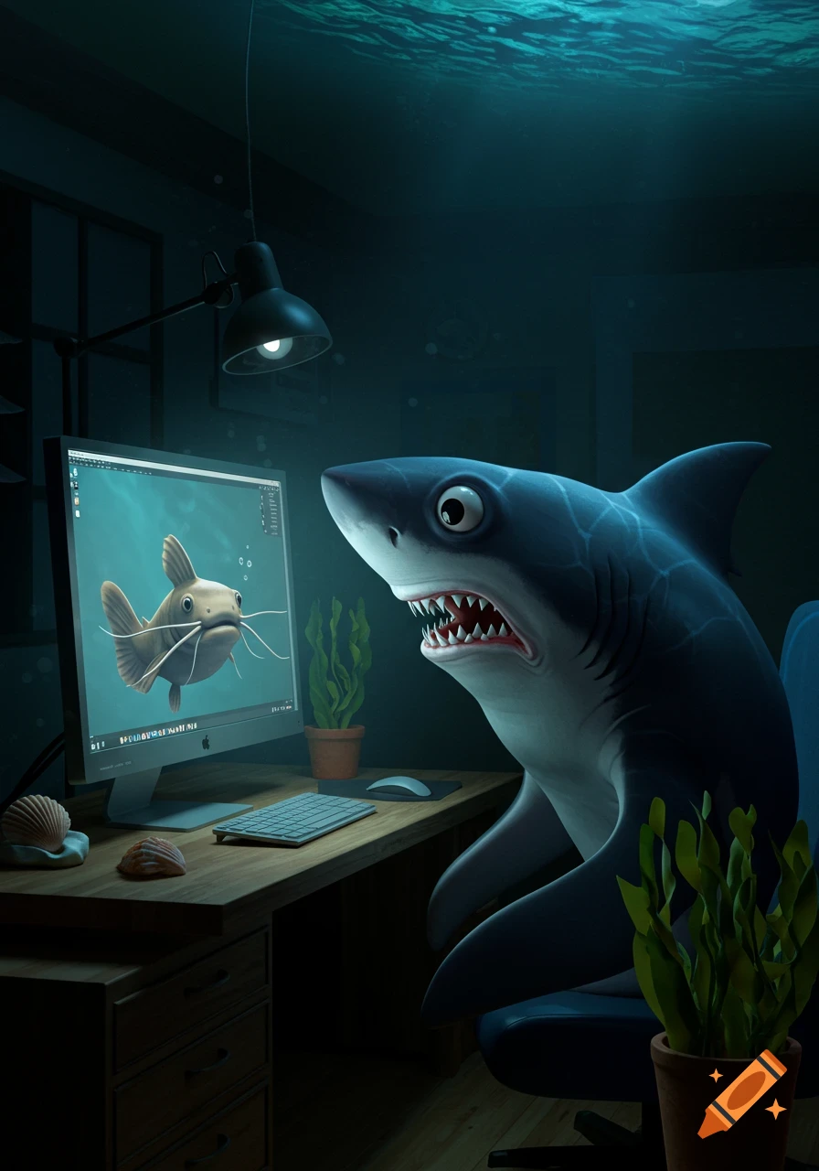 A cartoon shark looks surprised at a computer screen showing a catfish, sitting at a desk underwater.
