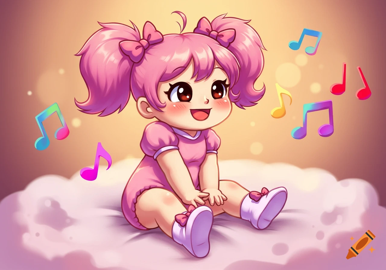 A cute anime-style baby character with pink pigtails and bows, wearing a pink outfit, sitting on a fluffy cloud with colorful musical notes floating around.