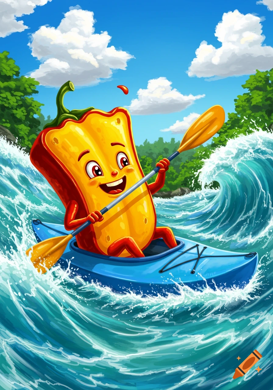 A happy, cartoon bell pepper in a blue kayak navigates a rough river under a bright blue sky.