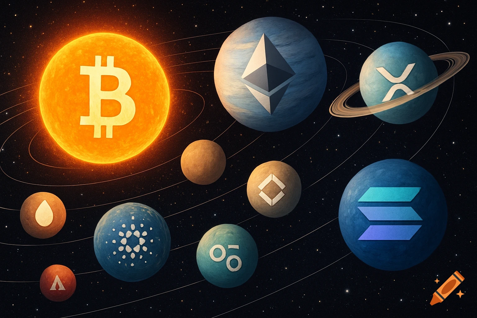 A colorful solar system with planets represented by cryptocurrency logos against a starry black background. The sun is Bitcoin, and other planets include Ethereum, XRP, Solana, Cardano, Chainlink, Avalanche, and SUI.