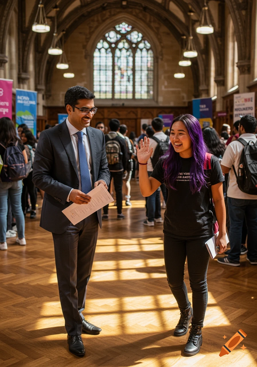 A man in a suit holding papers smiles at a woman with purple hair waving in a large university hall.