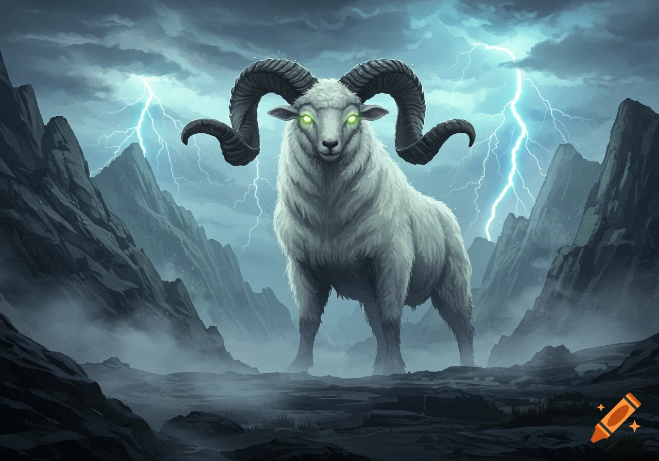A powerful white ram with large horns and glowing green eyes stands in a stormy, misty mountain landscape with lightning.
