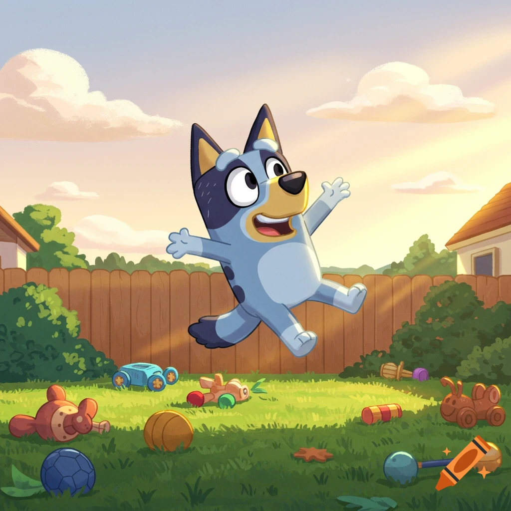 A blue cartoon dog, Bluey, jumps happily in a sunny backyard filled with toys.