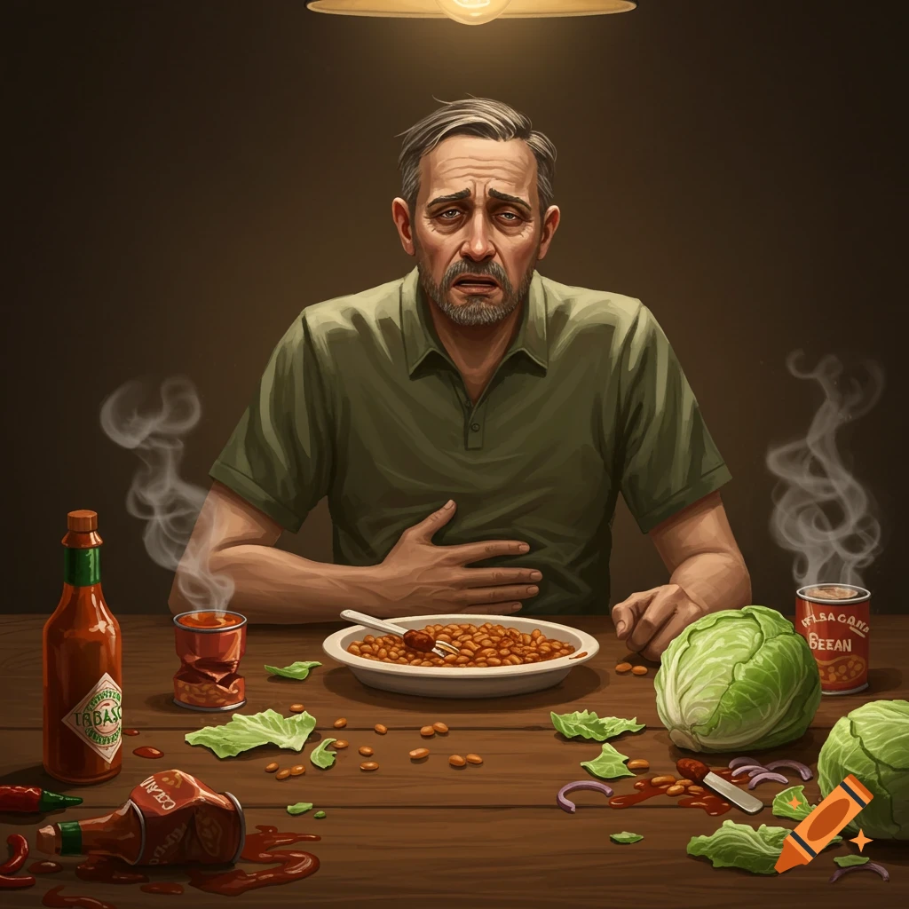 A man with a pained expression holds his stomach, sitting at a table covered in beans, cabbage, and spilled hot sauce, under a single hanging lightbulb.
