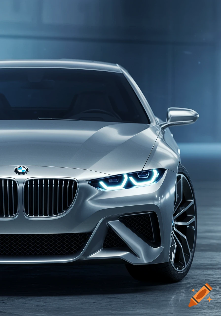 Front view of a silver BMW concept car with glowing blue headlights.