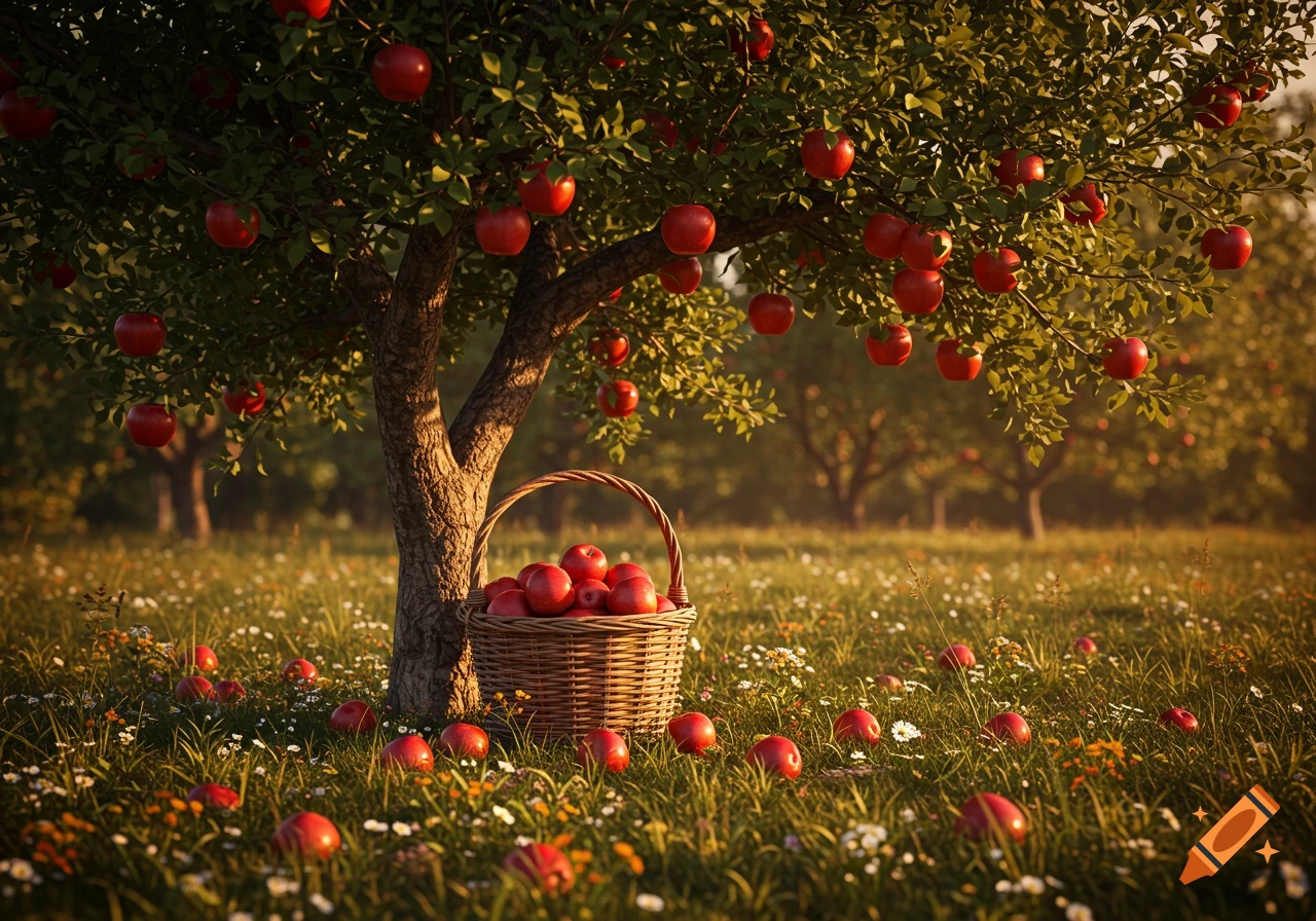 A photorealistic image of an apple tree filled with red apples, with a basket of apples and scattered apples in a grassy orchard.