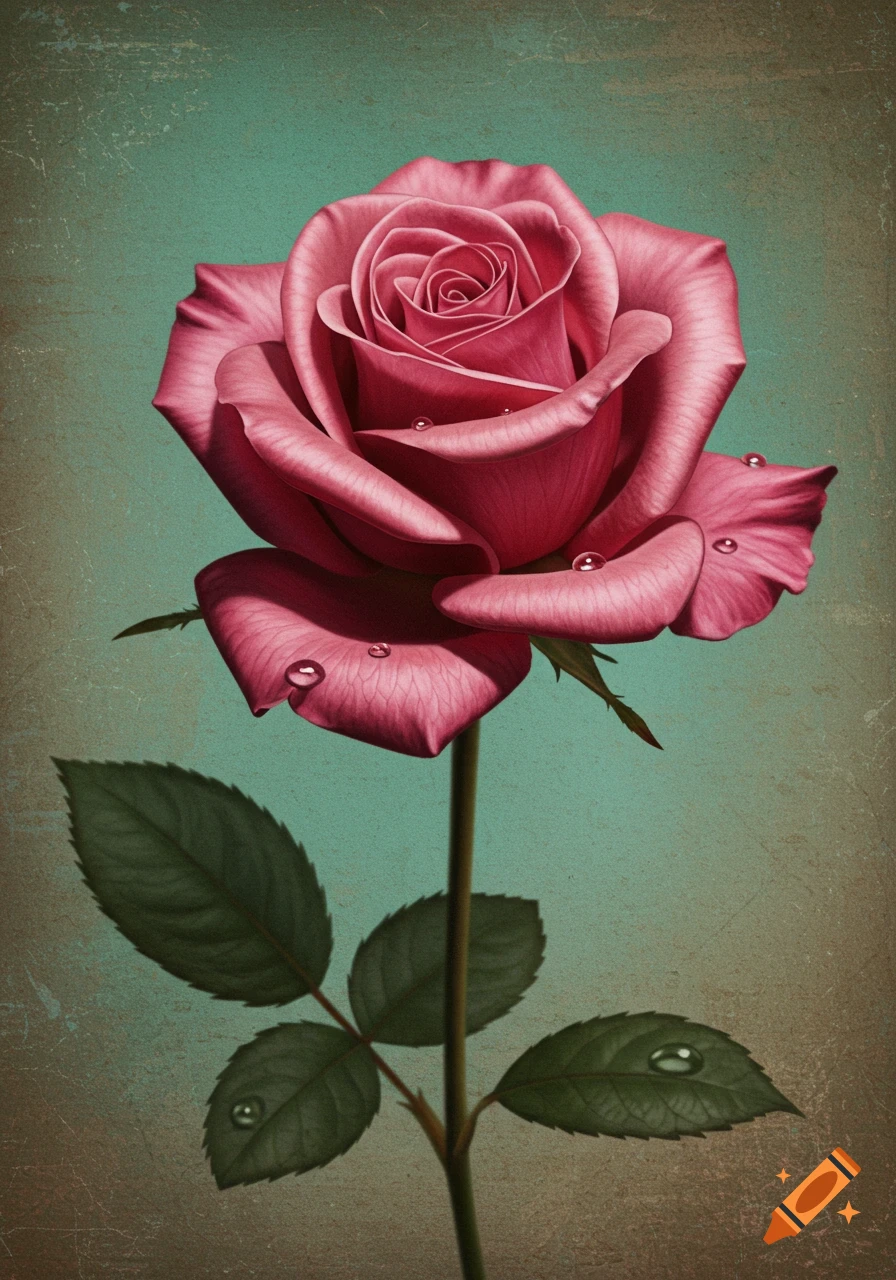 A vibrant pink rose with water droplets on petals and leaves, set against a distressed teal and brown background in a retro style.
