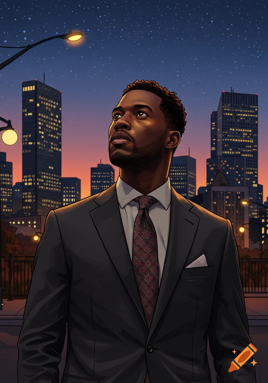 Stylized illustration of a Black man in a suit looking up at a city skyline with illuminated buildings at dusk.