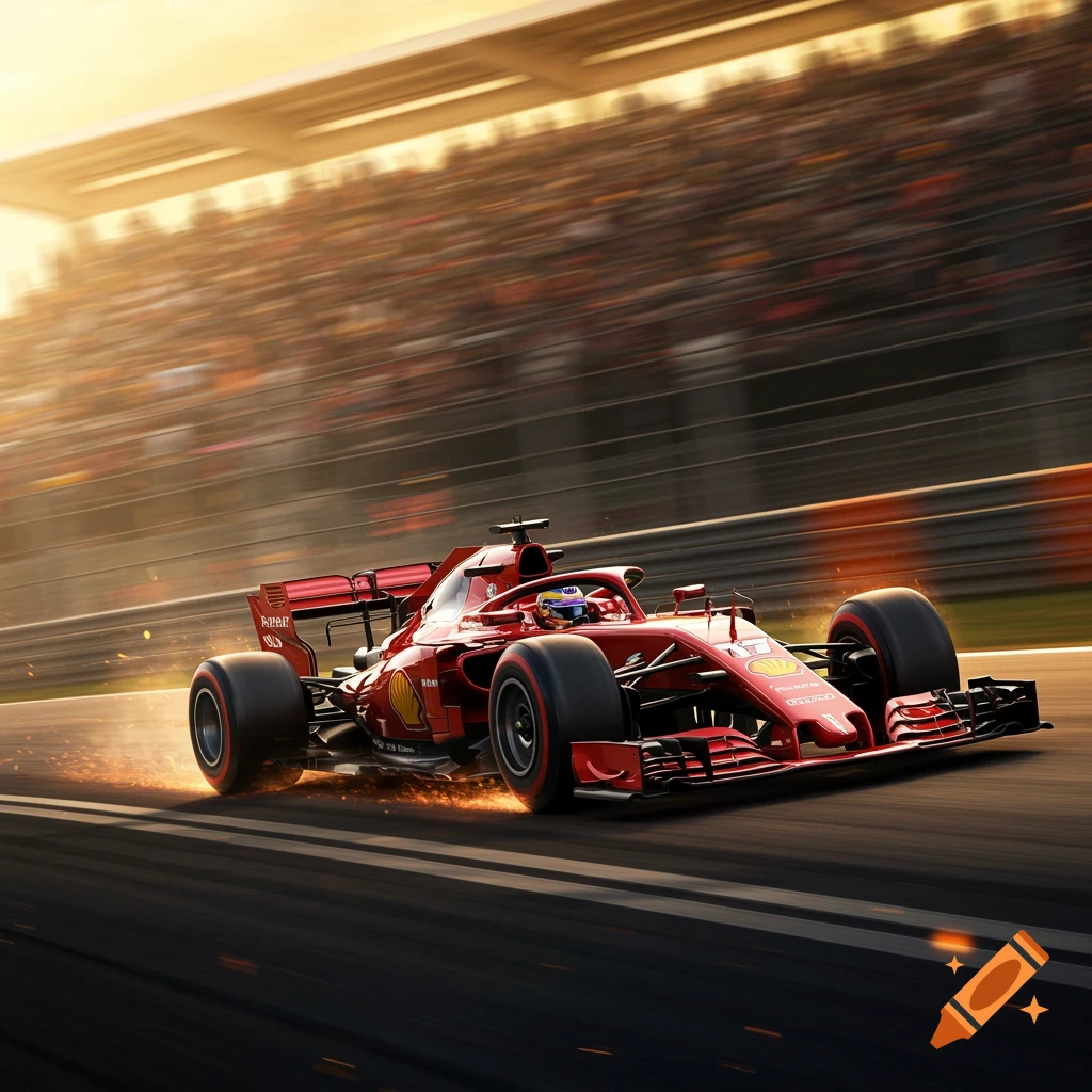 A red Formula 1 race car speeds on a track with motion blur and a crowd in the background during sunset.