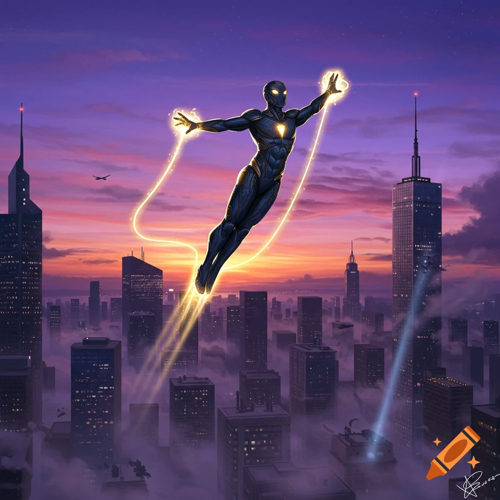A superhero in a dark suit with glowing yellow energy flies above a city at sunset.