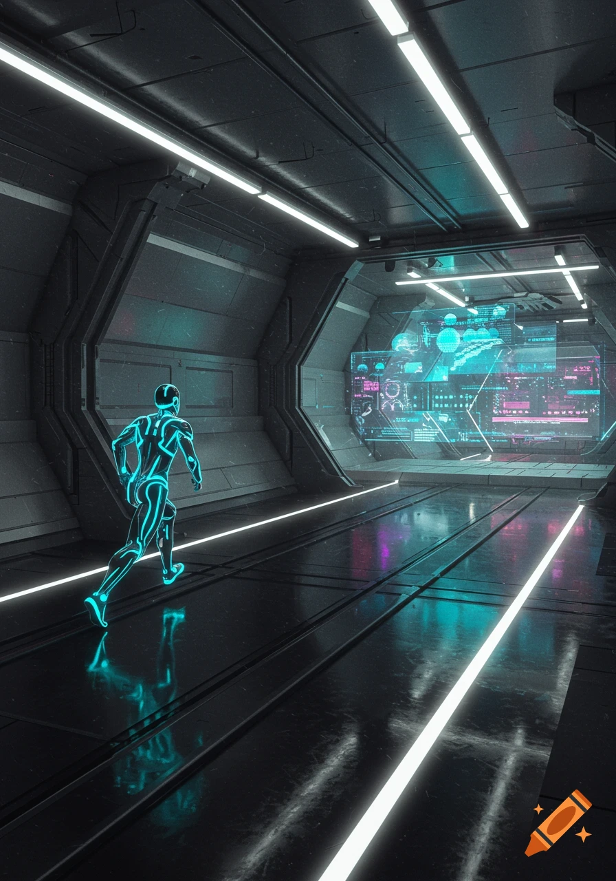 A glowing cyan figure runs down a dark, reflective futuristic hallway with neon lights and a large display screen showing abstract data.