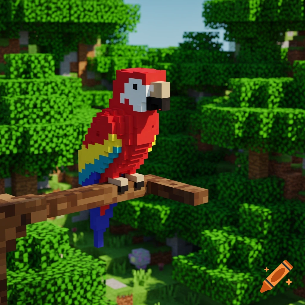 A blocky, red, yellow, and blue parrot perched on a branch in a Minecraft-style forest.