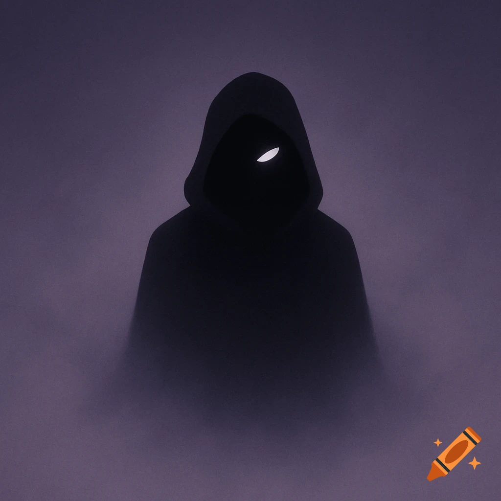 A dark, hooded figure with a single glowing eye, silhouetted against a misty purple background in a minimalist style.
