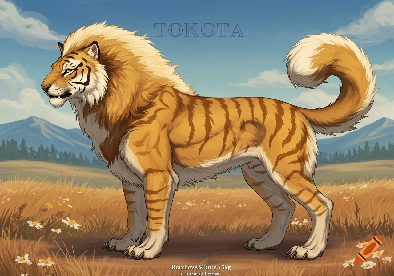 A golden lion-tiger hybrid with a fluffy mane and striped fur stands in a grassy field under a blue sky, mountains in the background. Illustration.