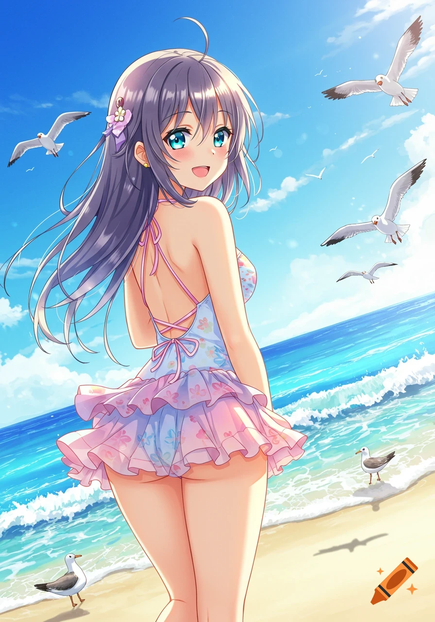 An anime girl in a floral swimsuit on a sunny beach, looking back over her shoulder with seagulls in the sky.