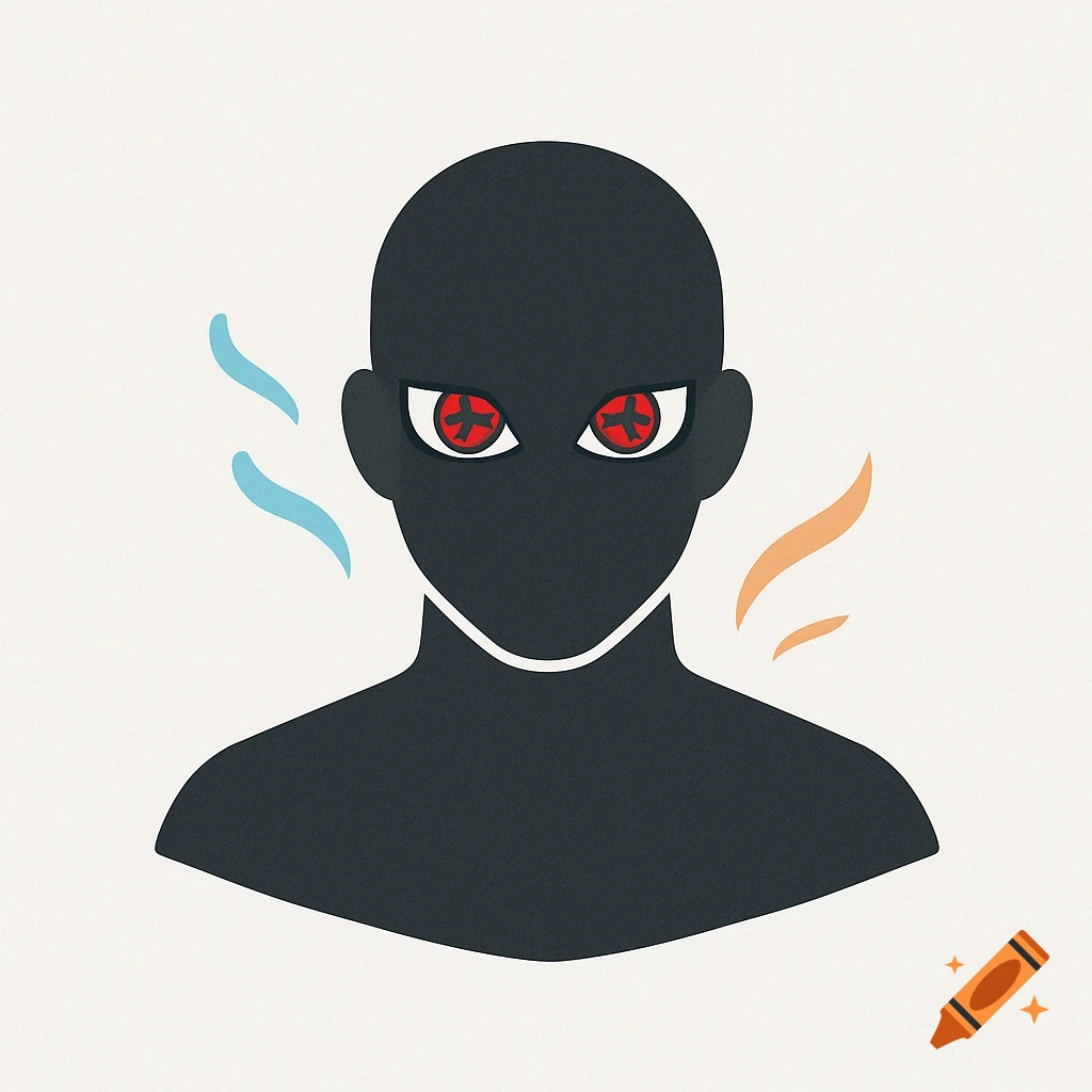 A minimalist black silhouette of a person's head and shoulders with glowing red eyes featuring a complex black and red pattern, with subtle blue and orange energy wisps on either side.