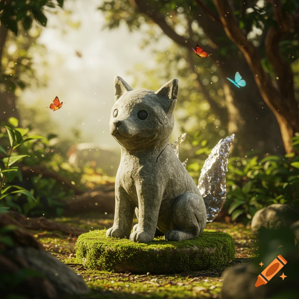 A cute stone statue of a dog or fox with two distinct tails, one resembling flint and the other shiny, crumpled steel, sitting on a mossy base in a sunlit forest with butterflies.