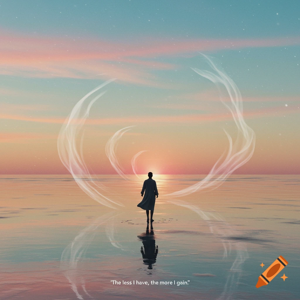 Silhouette of a person standing on water, facing a glowing sunset with swirling light trails in the sky.