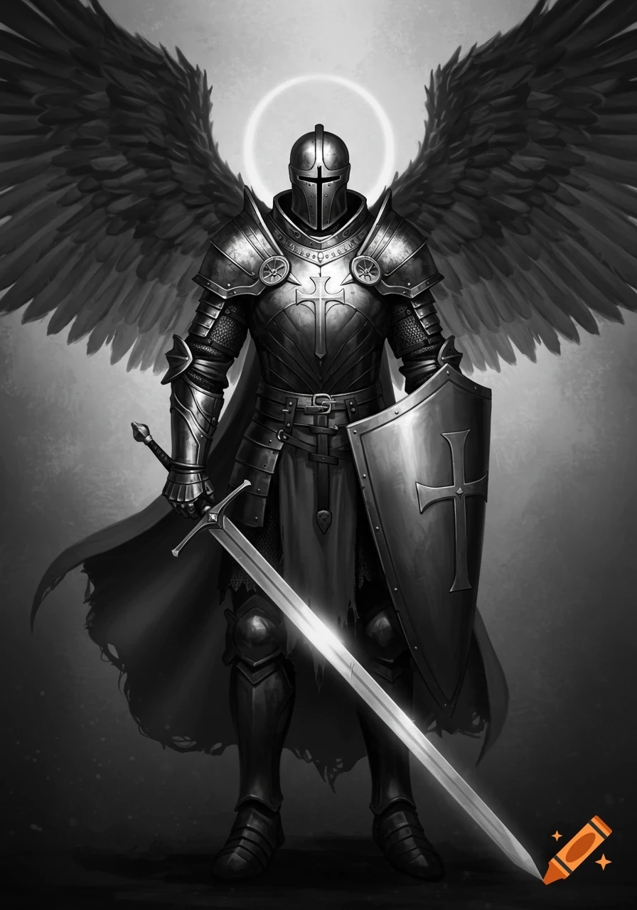 Monochromatic fantasy illustration of an armored warrior with large wings, holding a sword and a shield with a cross motif, with a halo.