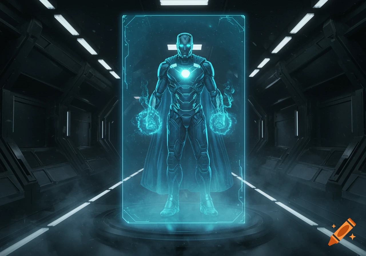 A holographic superhero in glowing blue armor with a cape stands in a dark, futuristic corridor, generating energy spheres in his hands.