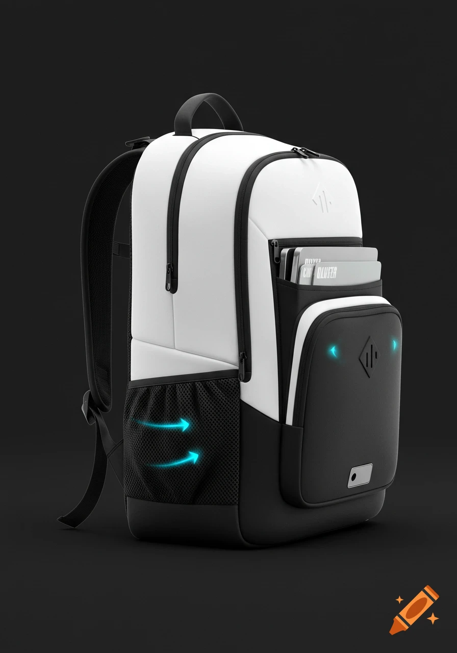 A modern white and black backpack with blue glowing accents, multiple pockets, and a mesh side pocket.