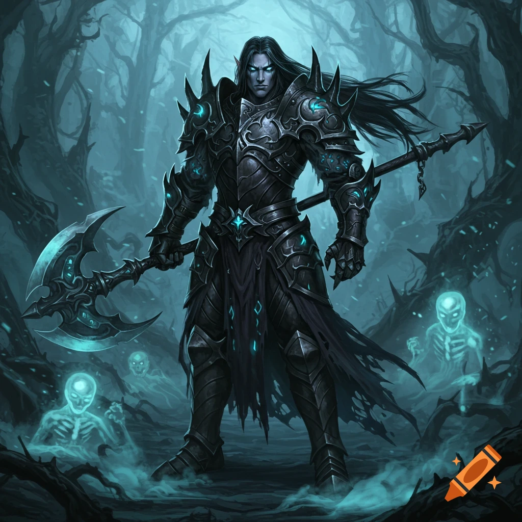 A dark fantasy illustration of a shadar-kai knight in black armor with glowing blue accents, holding an axe in a misty forest with spectral figures.