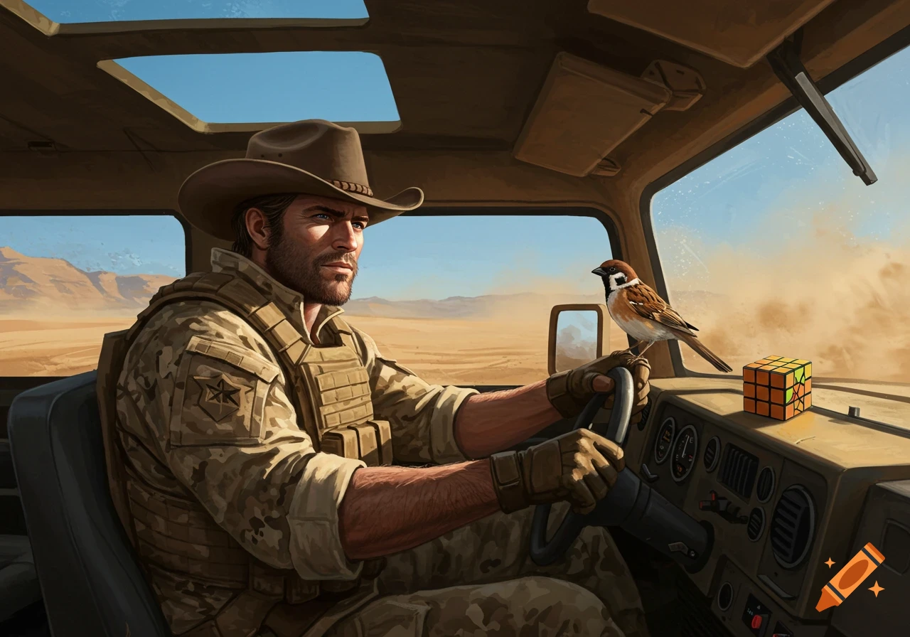 A man in military gear and a cowboy hat drives a humvee through a desert, a sparrow on the wheel, a Rubik's cube on the dashboard. Digital art.