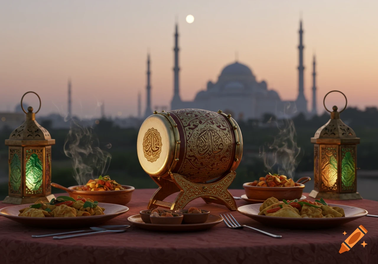 A table with traditional food, ornate lanterns, and a decorated drum, set against a sunset sky with a mosque.