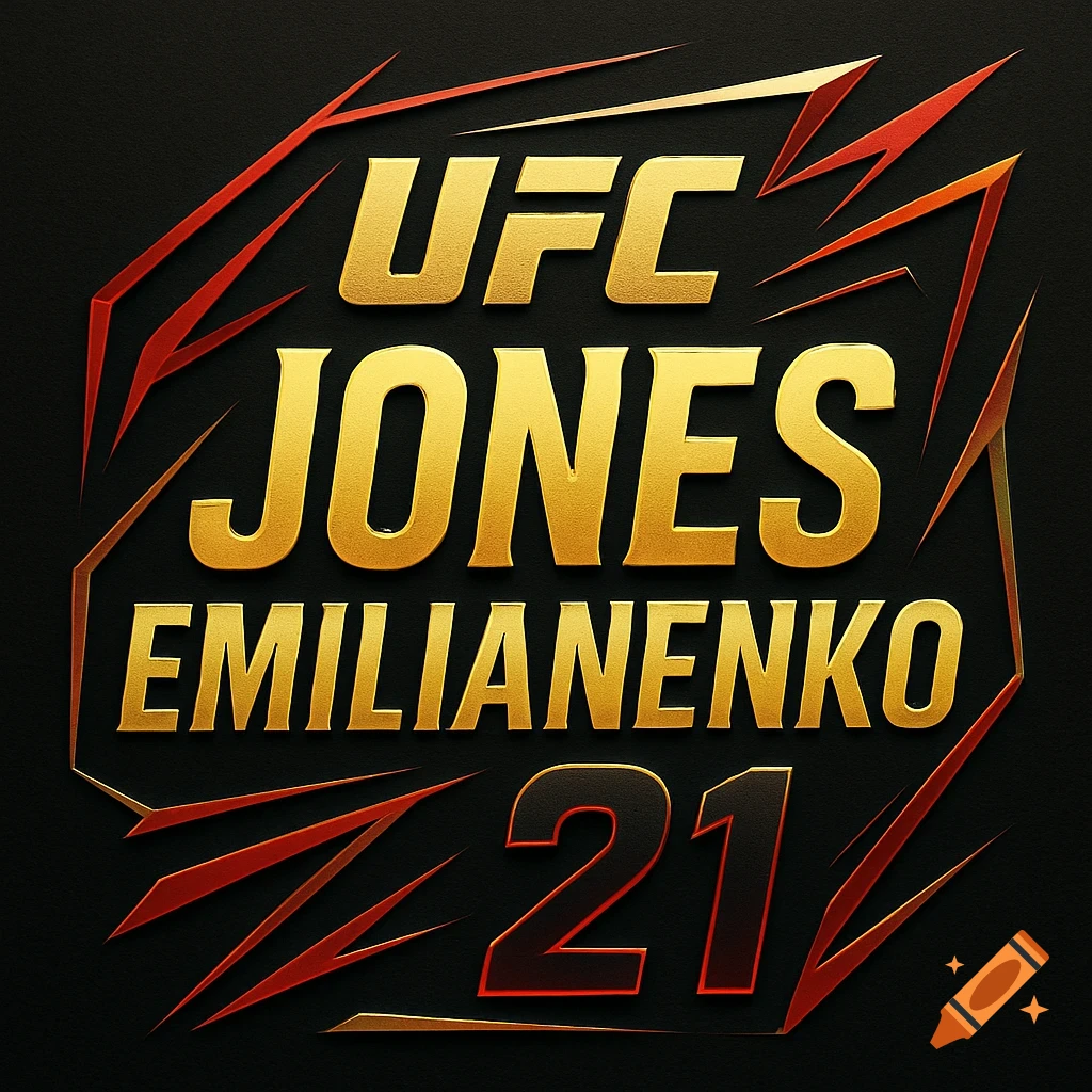 A black, gold, and red logo with the words 'UFC JONES EMILIANENKO 21' surrounded by sharp red and gold shapes on a black background.