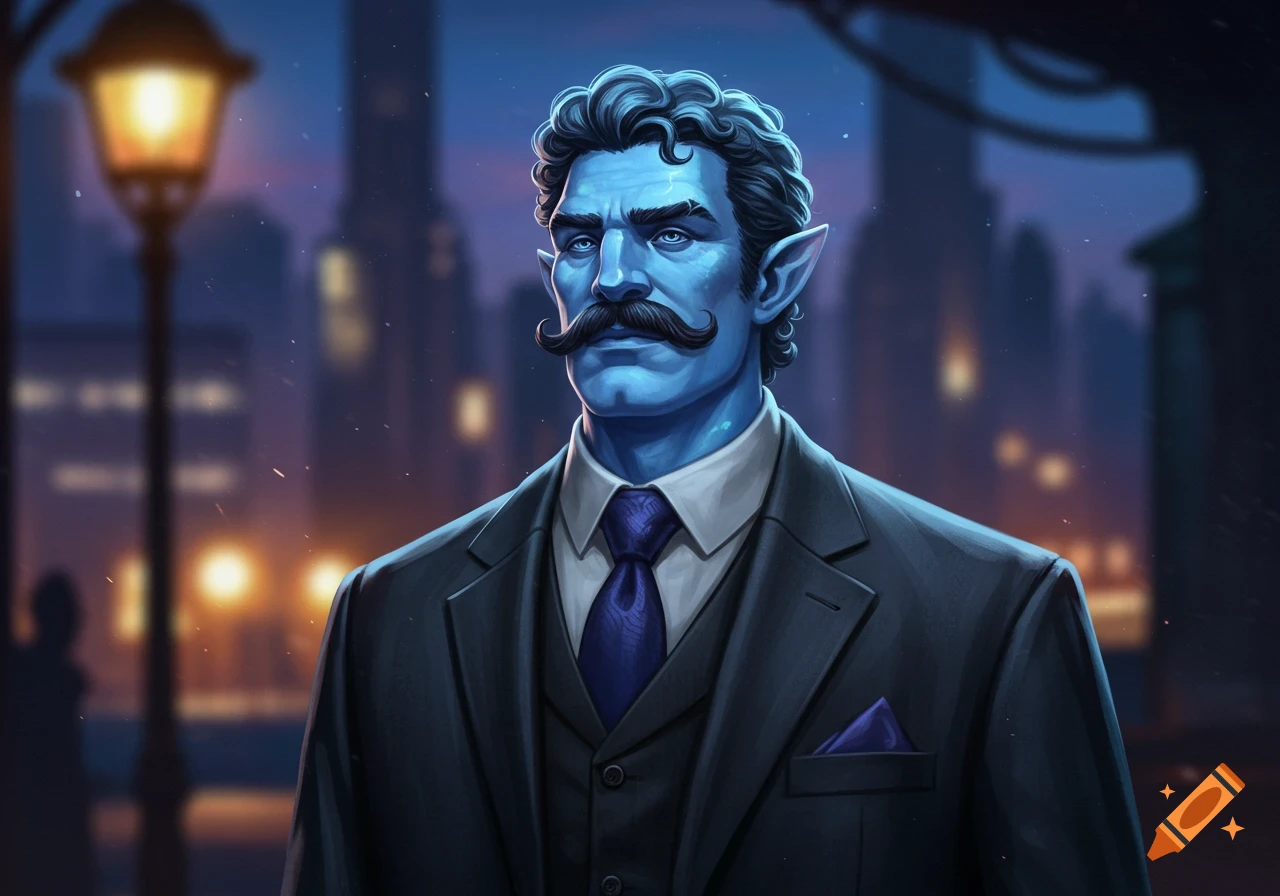 Illustration of a blue-skinned man with elf-like ears and a curly mustache, wearing a suit in a city at night.