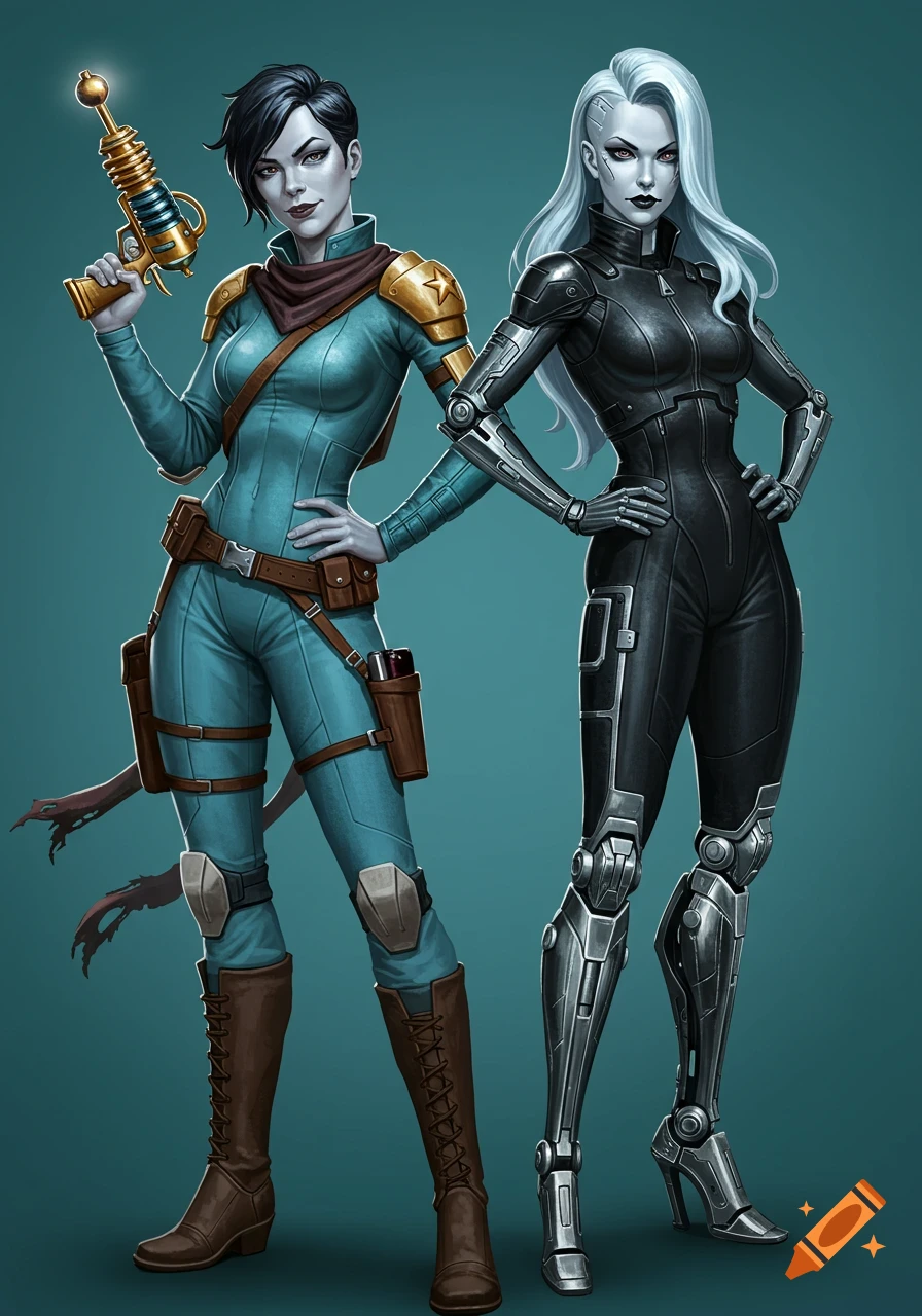 Two stylized sci-fi women, one in teal holding a raygun, the other in black with metallic legs, against a teal background.