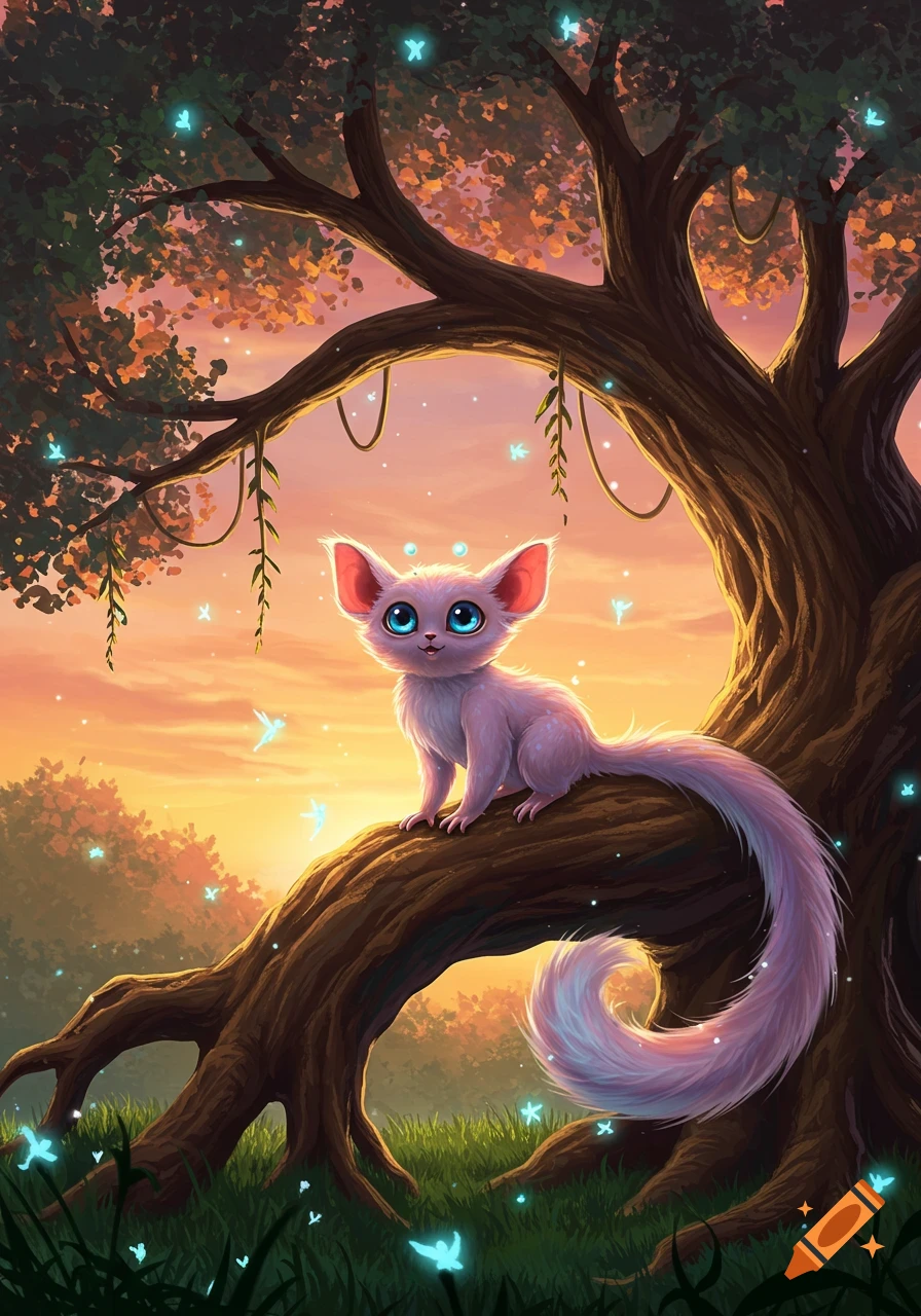 A fluffy, light pink fantasy creature with large blue eyes sits on a tree branch at sunset, surrounded by glowing blue butterflies in a lush forest.