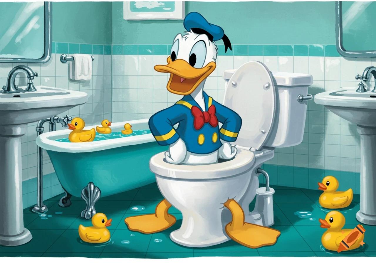 Donald Duck, dressed in his sailor suit, is comically a toilet in a teal bathroom, surrounded by rubber ducks.