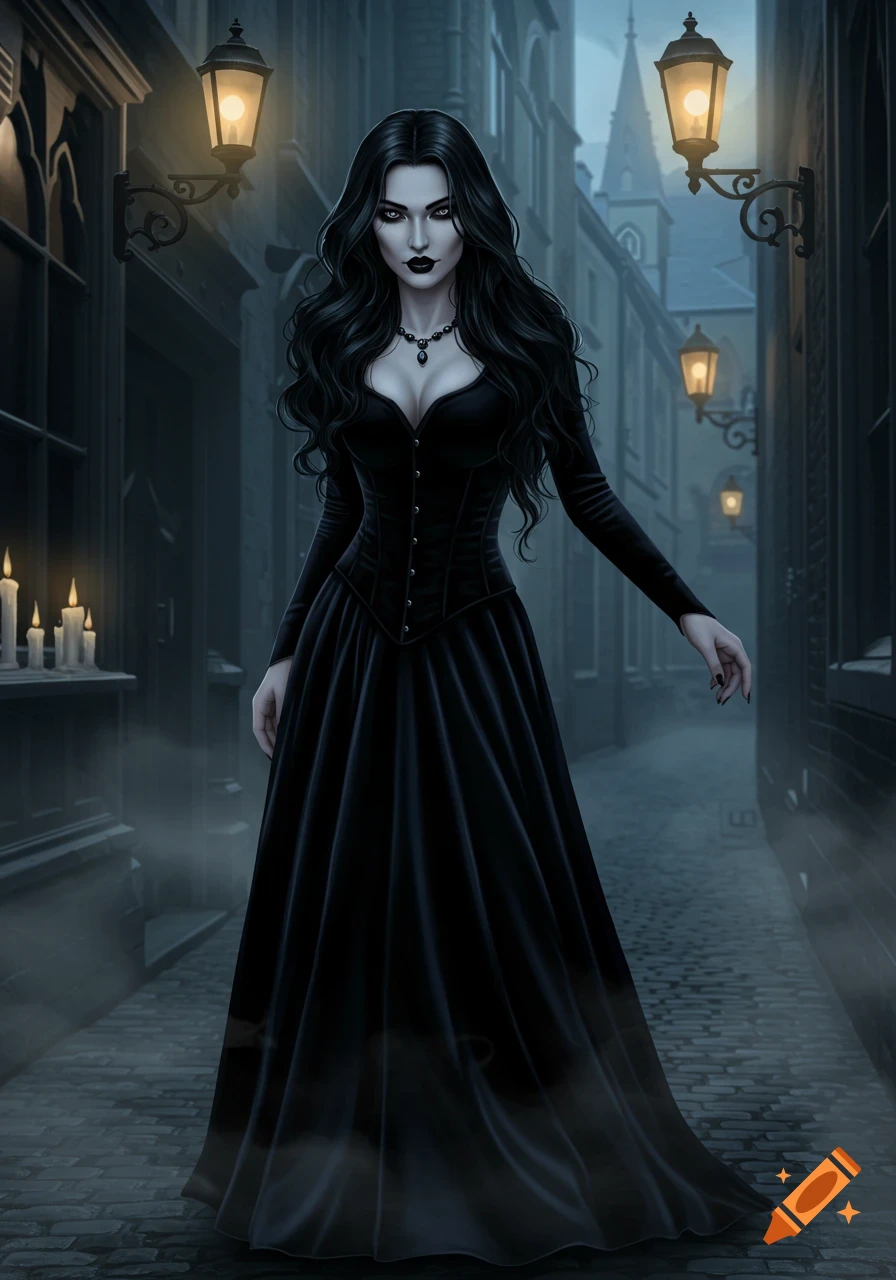A gothic woman with long black hair and a velvet dress stands in a foggy alley lit by dim lanterns, digital art style.