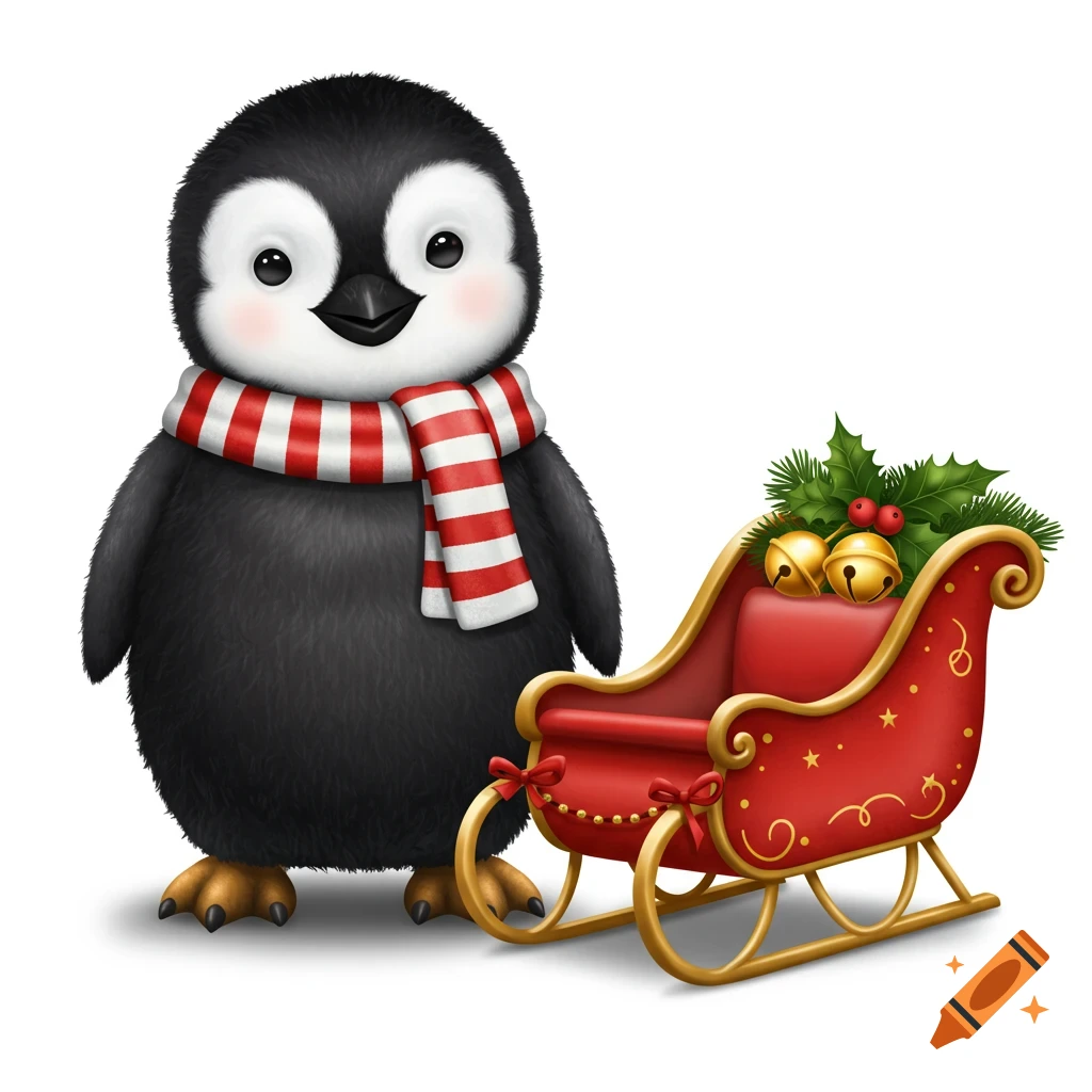A cute cartoon penguin wearing a red and white striped scarf stands next to a red sleigh adorned with holly and golden bells on a white background.