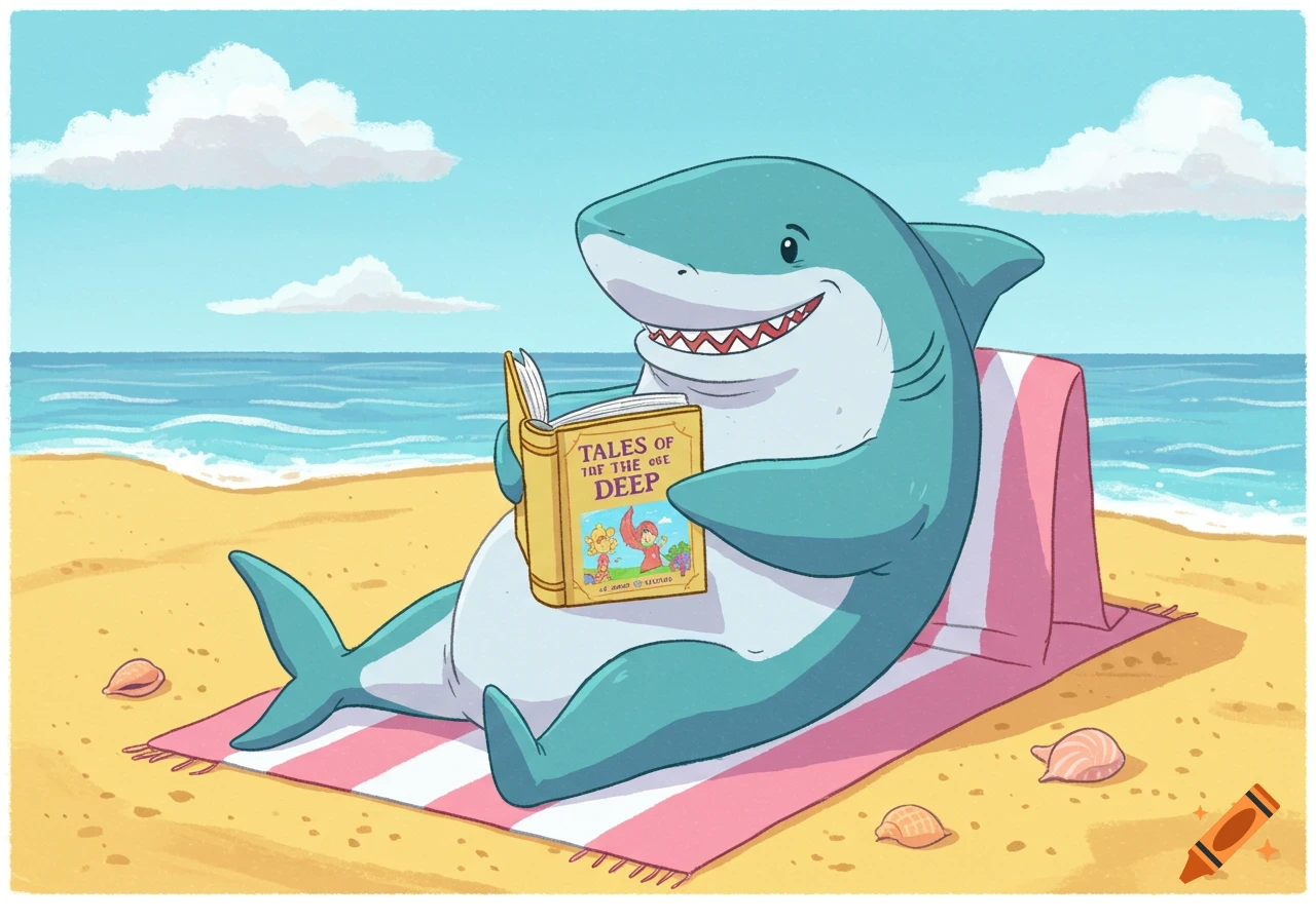 A happy cartoon shark sitting on a pink and white striped beach towel on a sandy beach, reading a book titled 'TALES OF THE DEEP'.