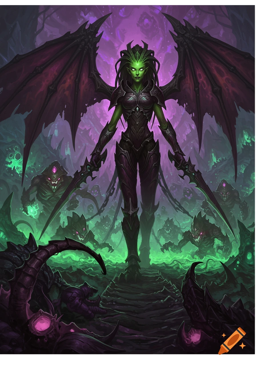 Digital painting of a green-skinned winged demon queen, similar to Kerrigan, with a horde of dark, monstrous creatures in a glowing green and purple alien landscape.