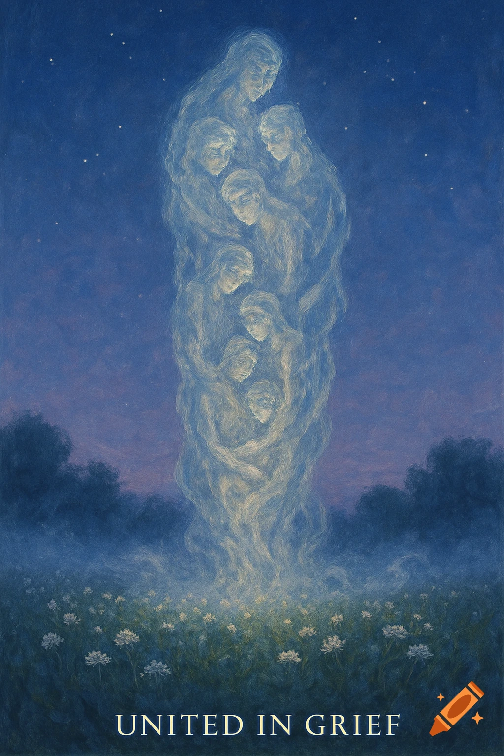 Ethereal figures rising from a field of flowers under a starry night sky, with the text 'UNITED IN GRIEF'.